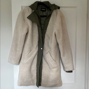 Express Women's Cream Teddy Jacket with Green Lining